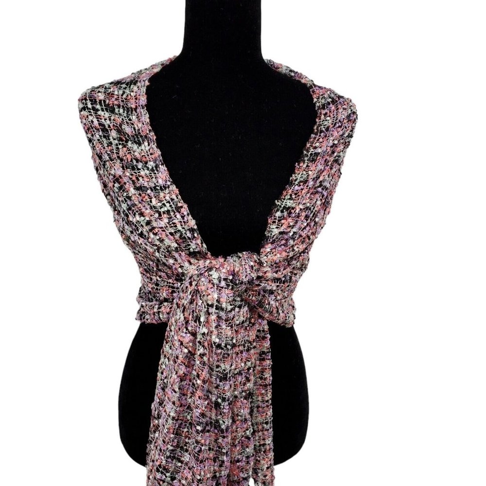 Shawl Wrap Pink Multicolor Boucle Open Knit with Silver Shimmer 21x72"
